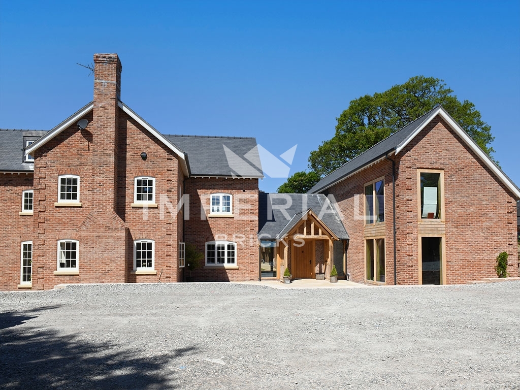 Front of a large detached self-build home built using Reclamation Cheshire bricks.