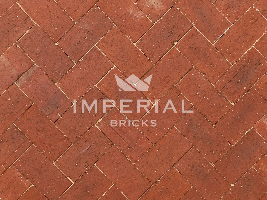 Russet brick pavers laid in the ground. The pavers are a multi-tonal red colour with a dragfaced wire cut texture.